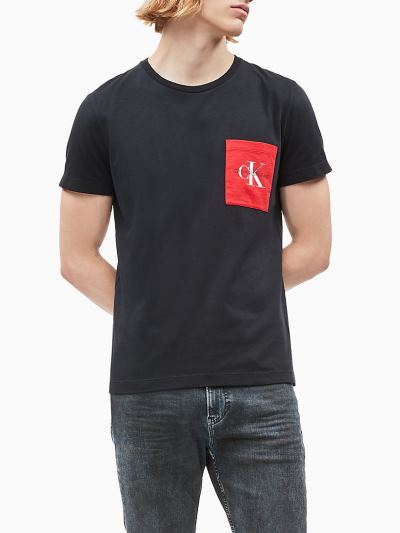 Calvin Klein Ruhák HU770061 | Calvin Klein Organic Cotton Slim Pocket Logo Férfi Póló Fekete / Piros